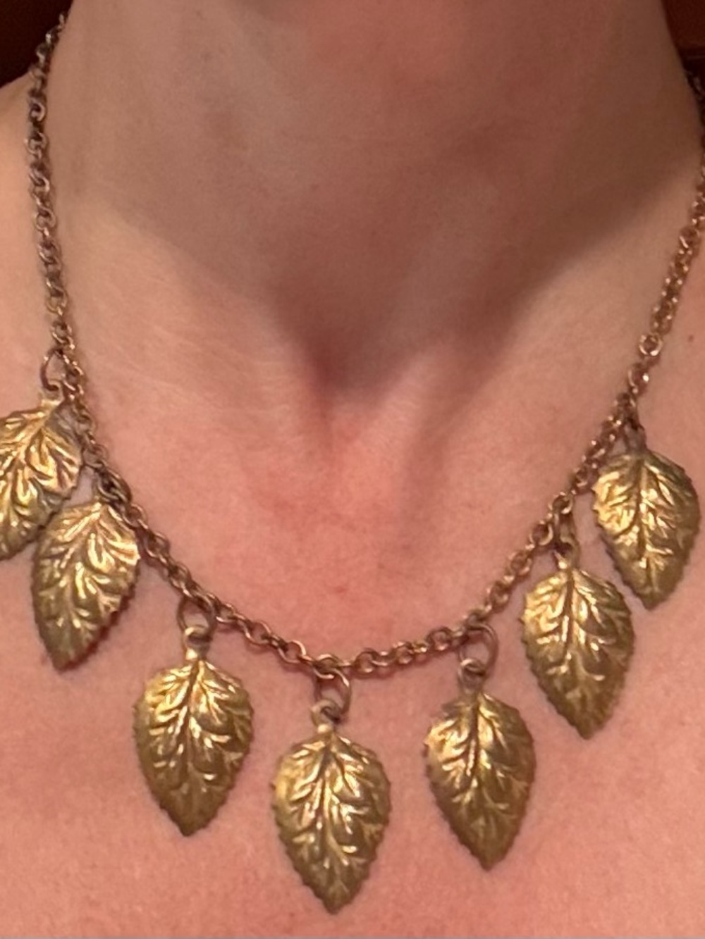 Vintage Brass Leaf Pendant Necklace